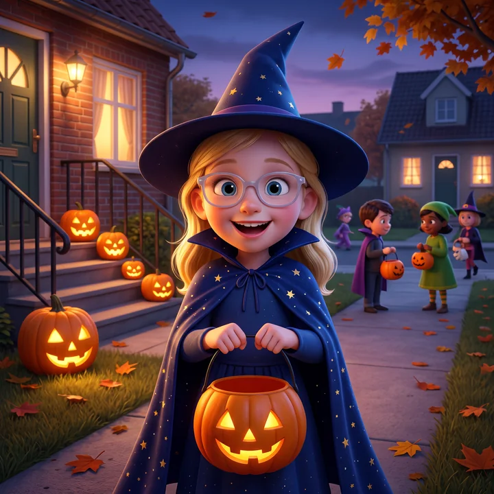 Magisk animationsstil: en pige som heks med græskarspand i en Halloween-pyntet gade